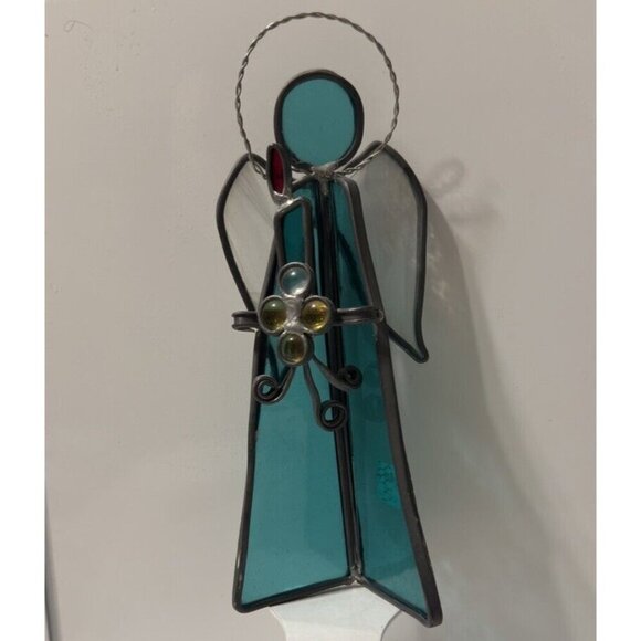 Vintage Stained Glass Angel W Halo Holding Cross and Candle Sun Catcher - Picture 2 of 5